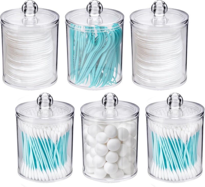 WeiShi 6 Pack Qtip Holder Dispenser -Cotton Ball, Swab, Round Pads, Floss , Small Clear Plastic Apothecary Jar Containers with Lids for Bathroom Storage and Organization, Vanity Organizer - Image 1